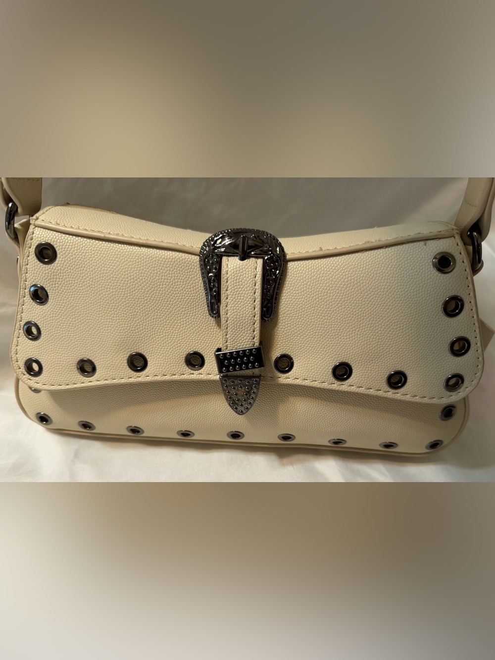 Betsey Johnson Cream Shoulder Bag with Buckle and Studs